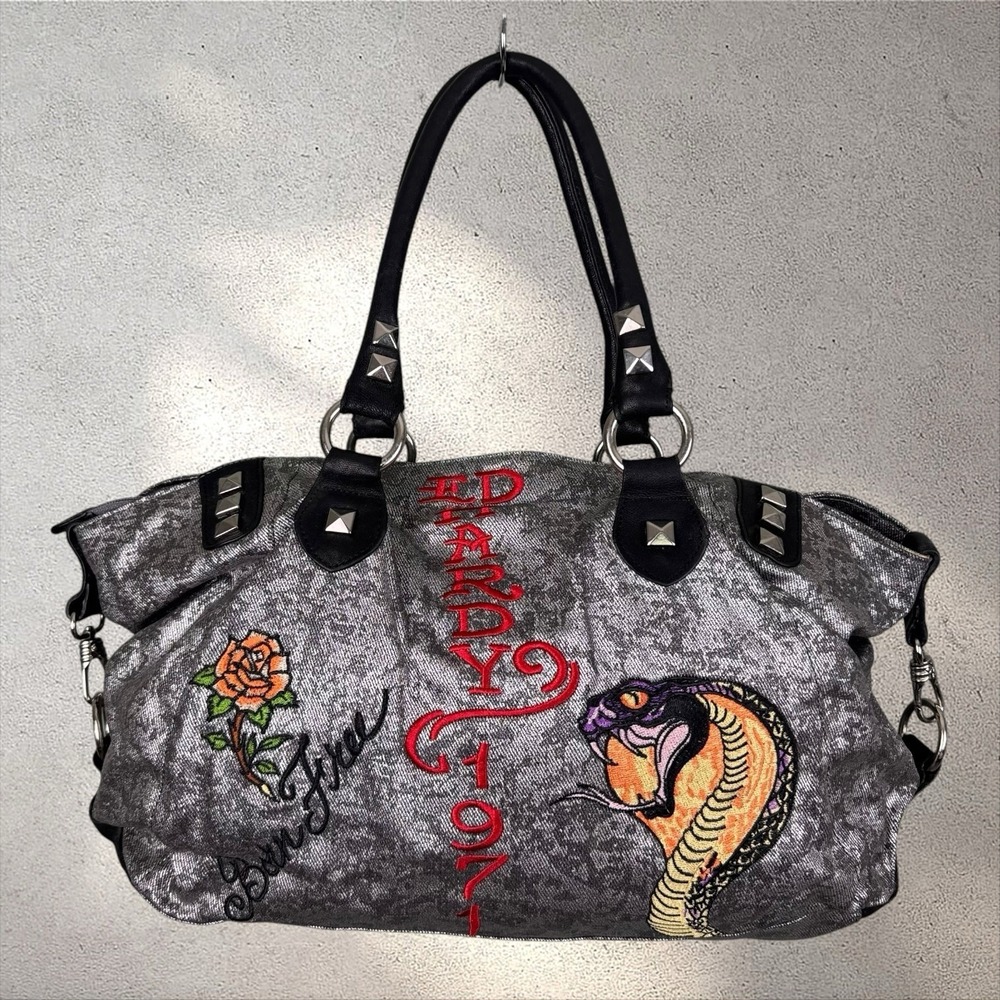 NOS Vtg Y2K Ed Hardy Christian Audigier Bag Purse Love Kills Studded Embroidered - Picture 6 of 8